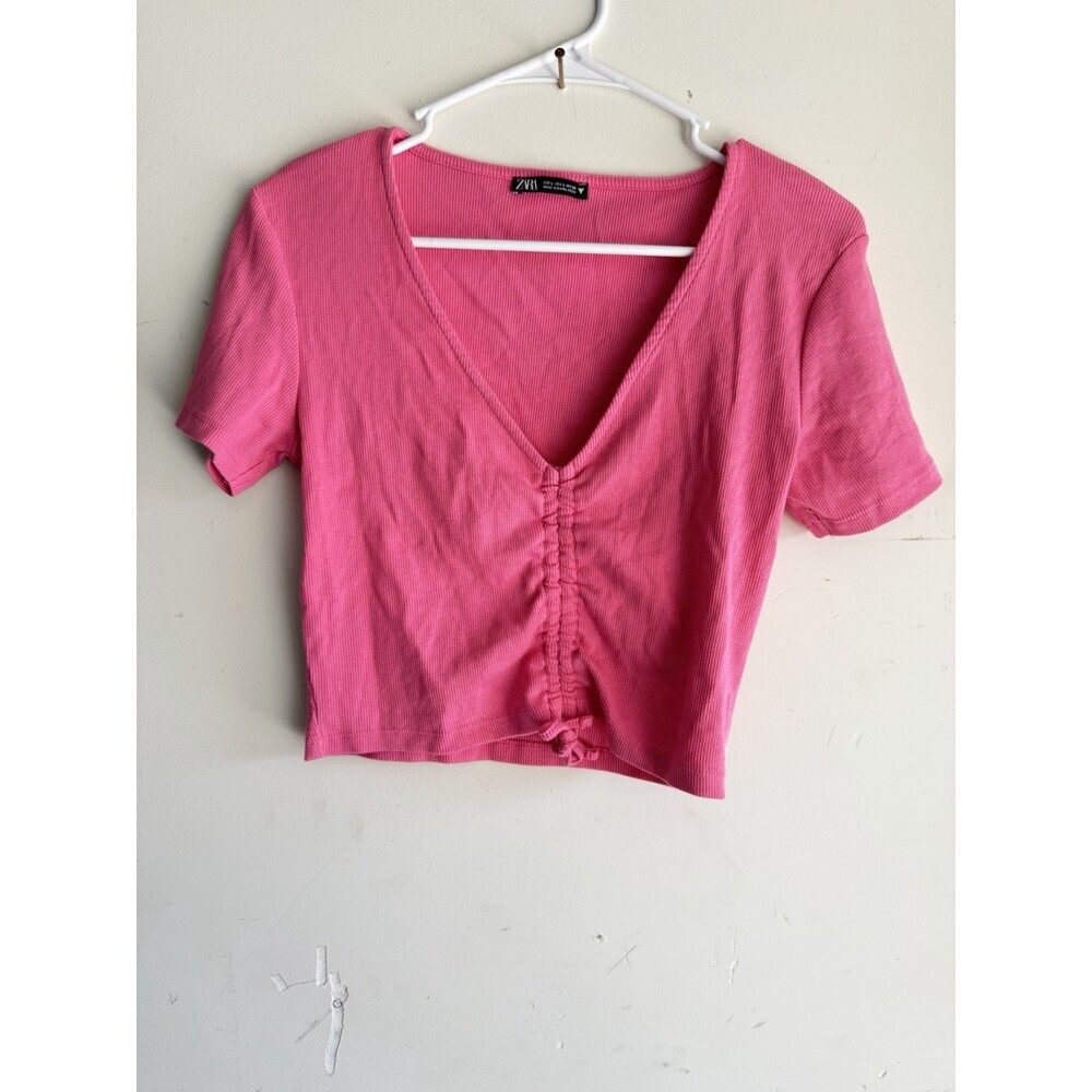 Zara Large Pink Ribbed Baby Tee Lightweight Knits Cotton Blend Scrunch Tie